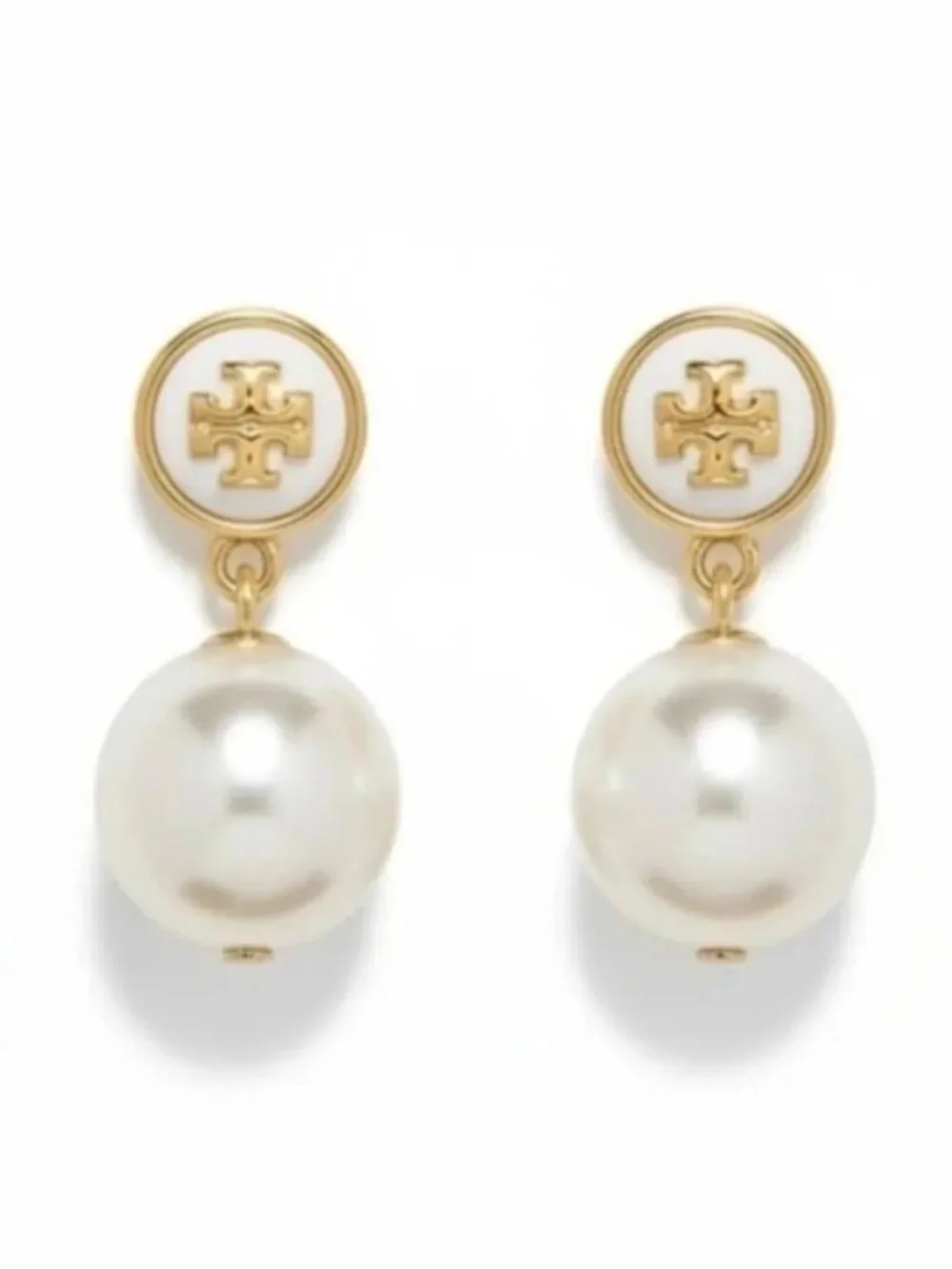 Tory Burch Pearl Drop Earrings Gold Tone Double T Logo Classic Designer Jewelry